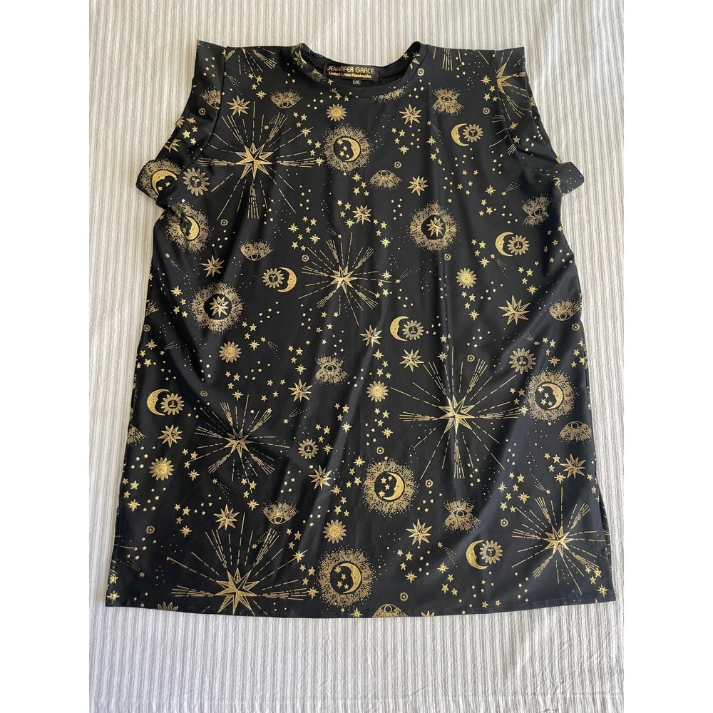 Jennafer Grace Celestial Sun Moon Star Evil Eye Tunic Top Black Gold L/XL